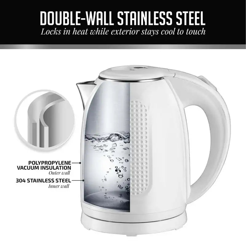 Electric Kettle Stainless Steel 1.7 Liter 1100W Double Wall Insulated