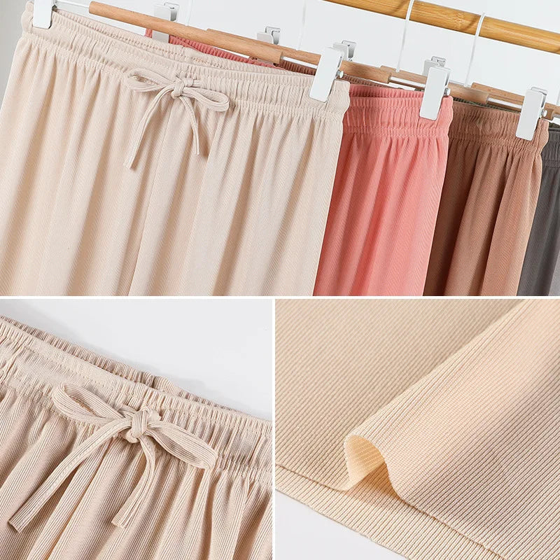 New Ice Silk Women Pleated Loose Straight Trousers