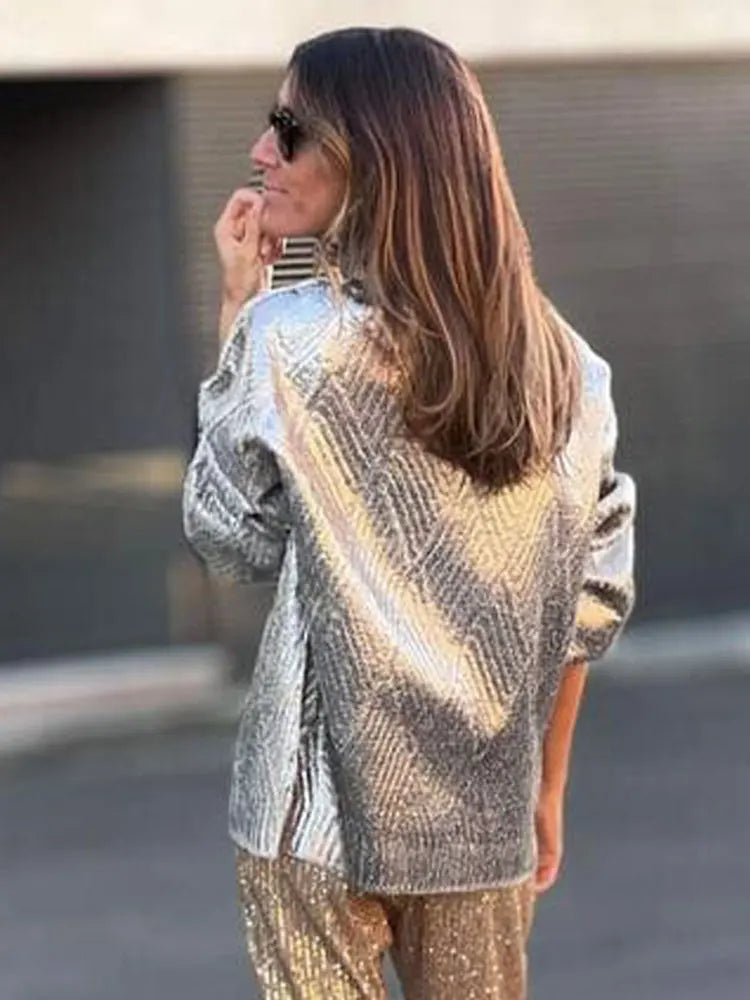 Women Chic Metallic Rib Trim Foil Turtleneck Casual Pullover