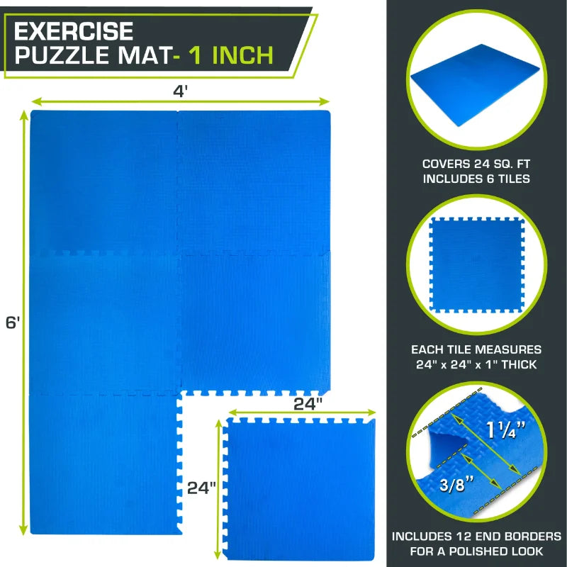 Exercise Puzzle Mat 1-in thick, Blue, 24 Sq Ft - 6 Tiles