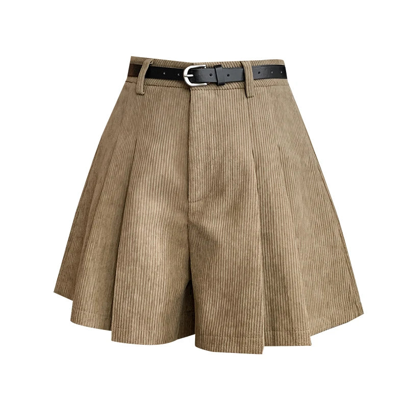 Corduroy Classic Pleated Women's High Waist A-Line Shorts