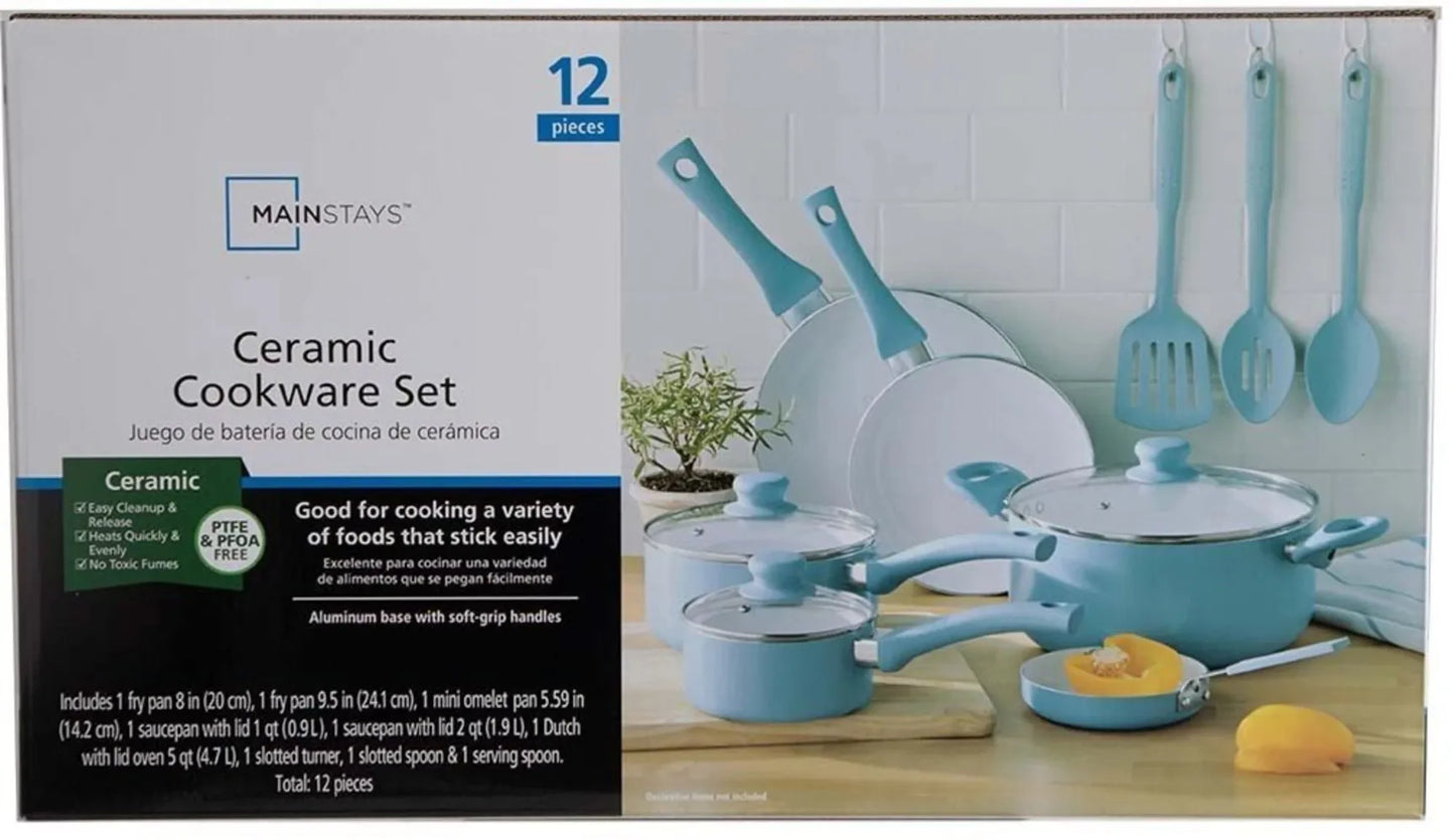 Mainstays 12pc Ceramic Blue Linen Non-stick cookware set