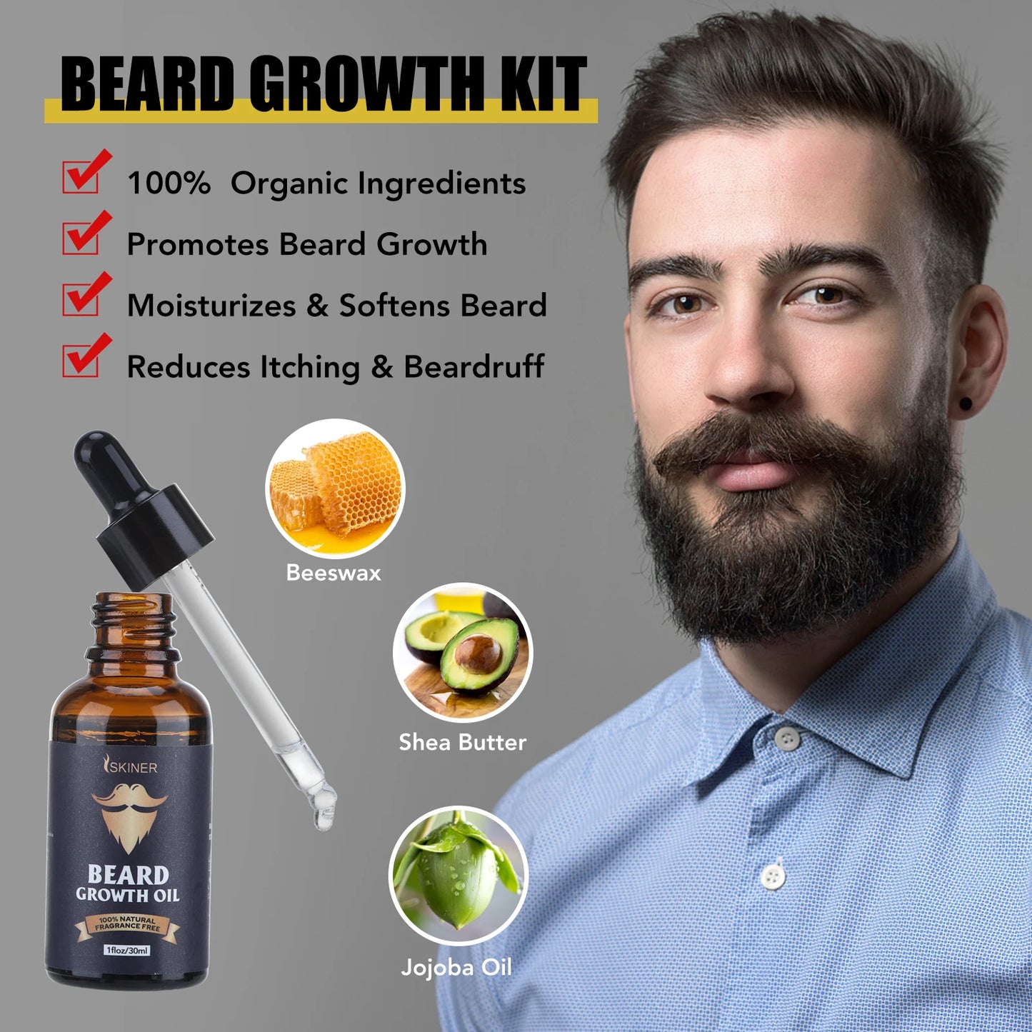 Beard Growth Kit & Care, Men Barbe Hair Enhancer