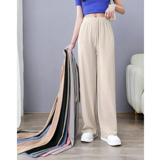 New Ice Silk Women Pleated Loose Straight Trousers