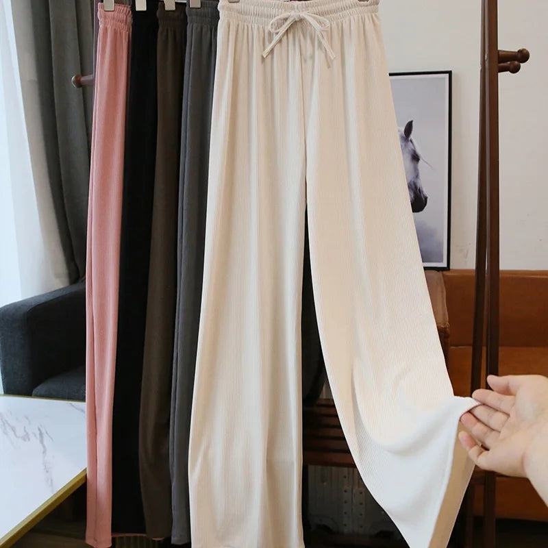 New Ice Silk Women Pleated Loose Straight Trousers