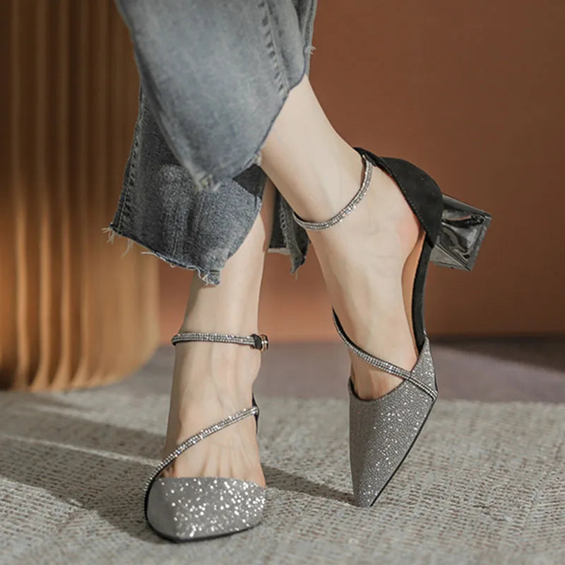 Women's Shiny Crystal High Heels Pumps Ankle Straps