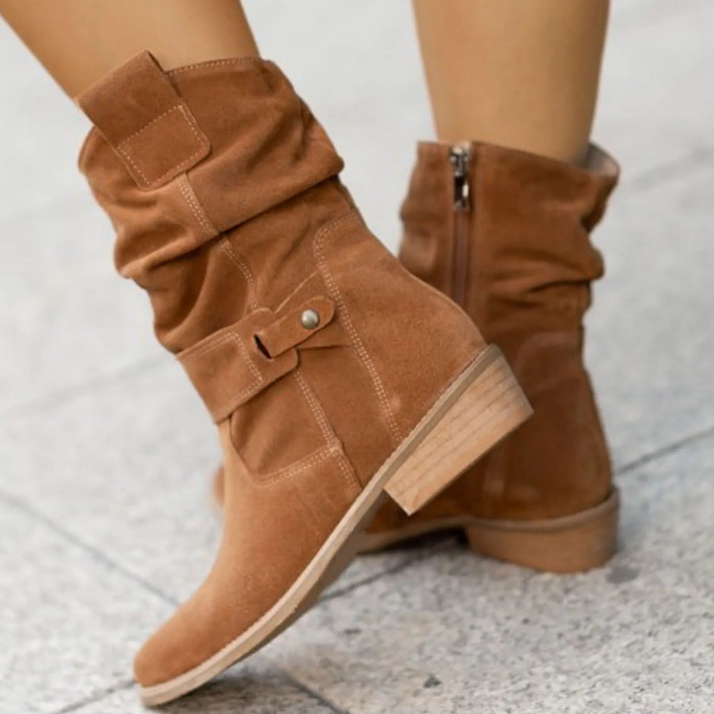 Winter Warm Suede Women's Mid-Calf Zipper Buckle Boots