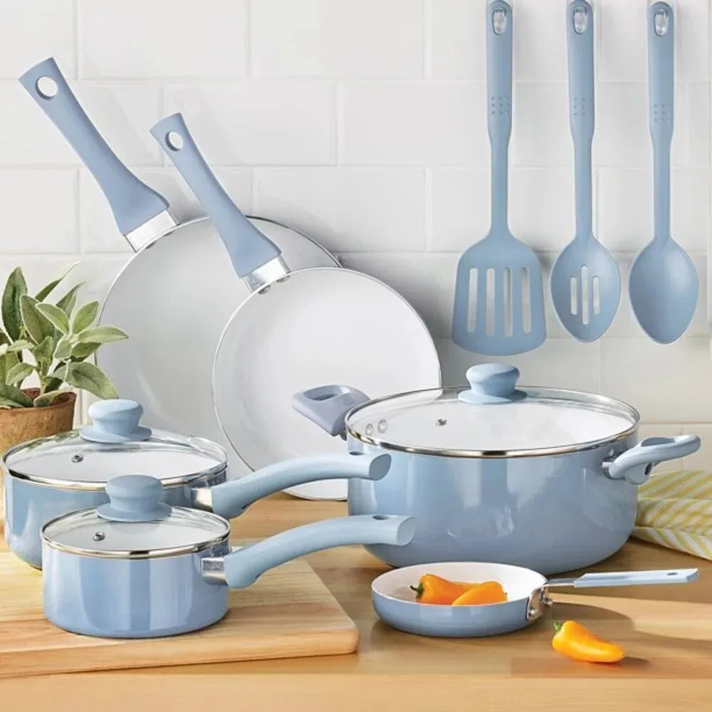 Mainstays 12pc Ceramic Blue Linen Non-stick cookware set